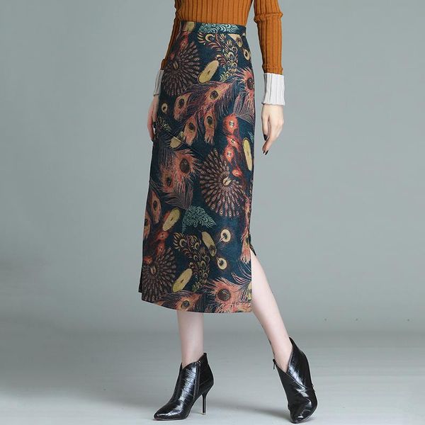 

skirts chinese style women's clothing straight floral print elegant retro long skirt 2021 autumn winter split mujer faldas, Black