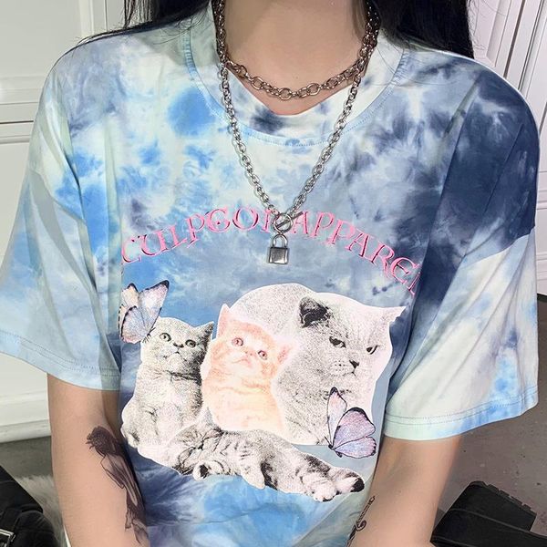 

artsu harajuku cute cats women tie dye short sleeve summer streetwear casual oversize tee asts52113, White