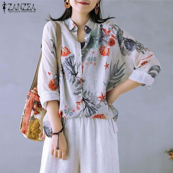 

autumn floral printed long sleeve blouse zanzea casual work shirts women vintage blusas female chemise tunic plus size women's blouses, White