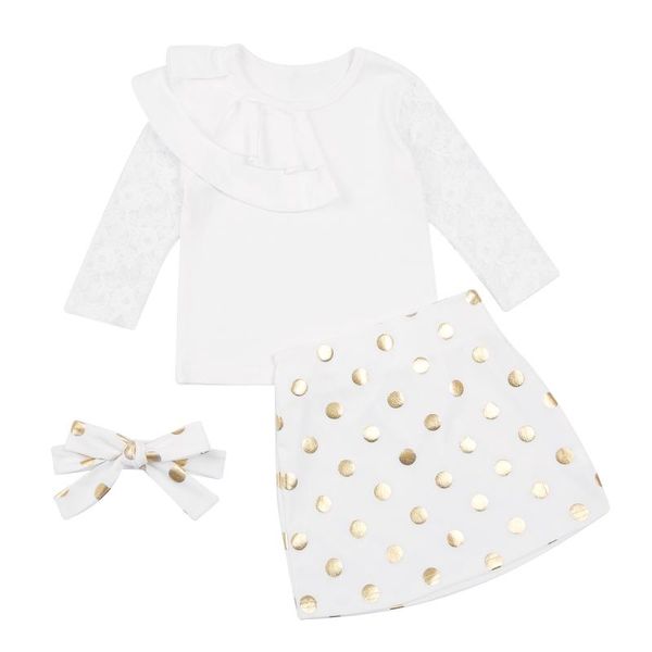 

clothing sets 3pcs baby girls fall clothes, floral lace long sleeve ruffle + dots mini skirt headband set 1-6y spring autumn, White