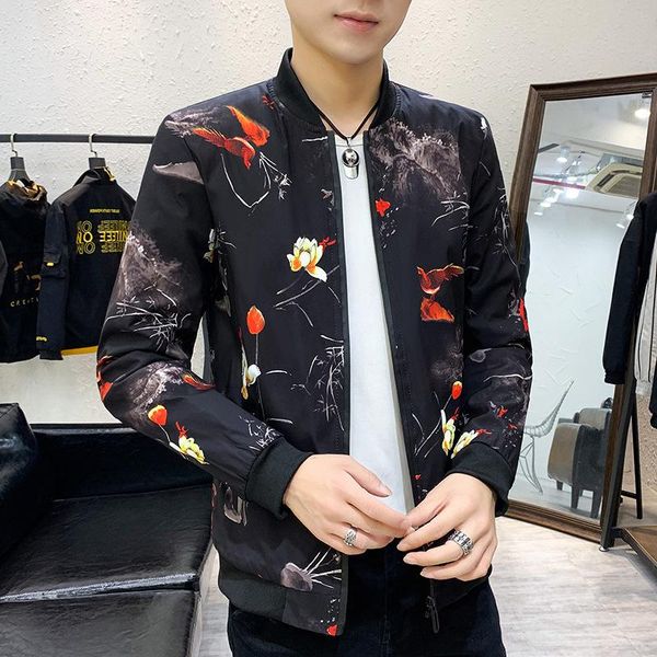 

men's jackets 2021 mens spring fashion casual silm print thin bomber zipper jacket pilot coats streetwear, Black;brown