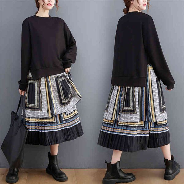 

spring and autumn large loose fashion stitching with fake two casual medium long sleeved dresses, Black