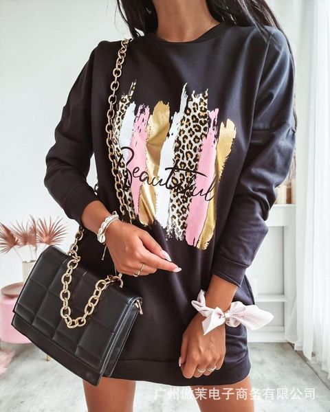 

casual dresses 2021 autumn black map printing sweater dress women, Black;gray