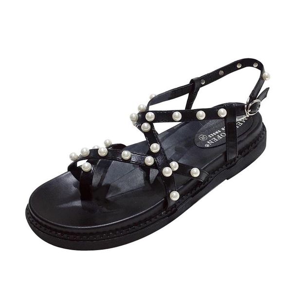 

sandals women's summer dress shoes woman roman open toe pearl ladies flat comfortable beach, Black