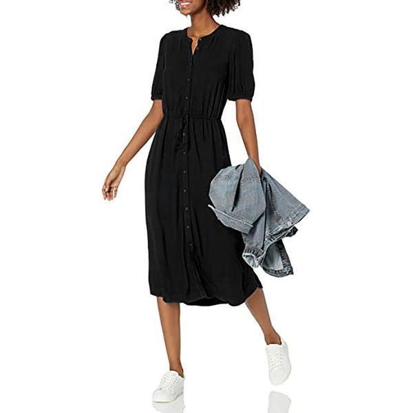 

casual dresses for women 2021 elegant fashion feminine with half sleeve waisted midi a-line dress solid color summer ladies clothing, Black;gray