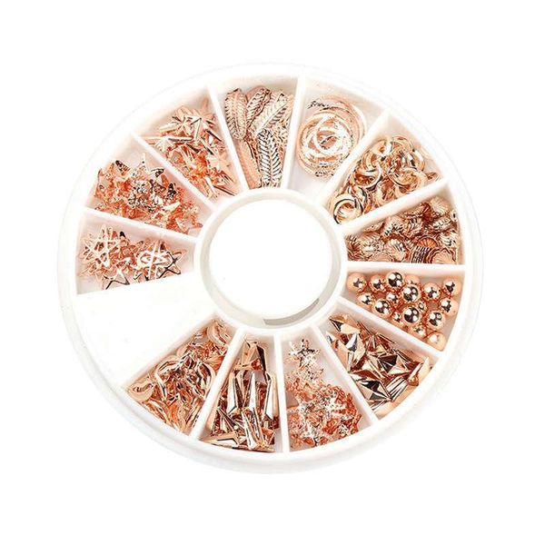 

false nails 1 box rose gold star moon studs seastar shell beads mouth leaf cross alloy nail art decorations 3d manicure diy accessory, Red;gold