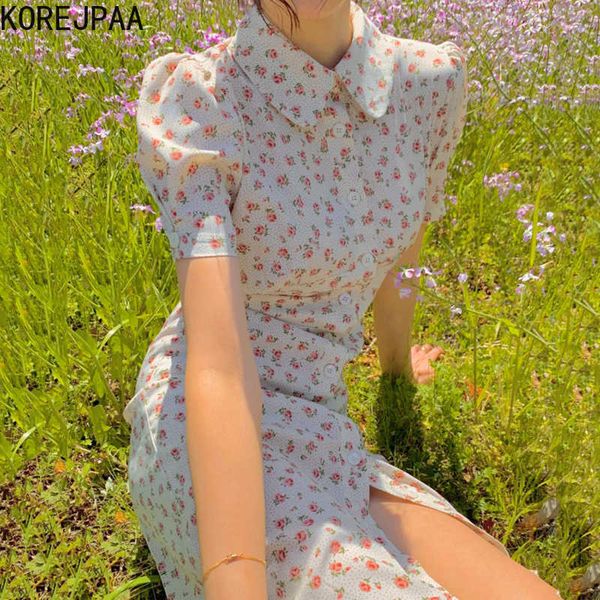 

korejpaa women dress summer korea chic ladies elegant temperament lapel floral single-breasted slimming puff sleeve vestido 210526, Black;gray