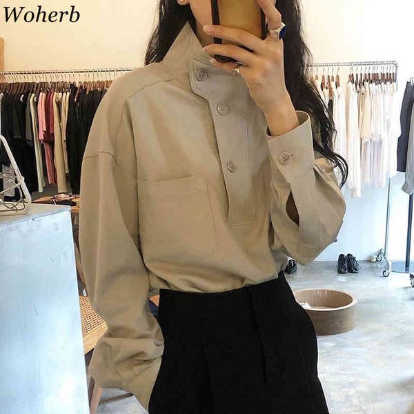 

korean stand collar solid blusas mujer spring summer office lady elegant loose blouses all match casual shirts 210417, White