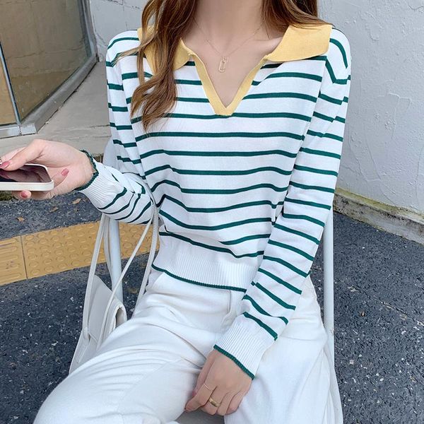 

women's sweaters loose striped long-sleeved knit sweater slimming blouse pullover, White;black