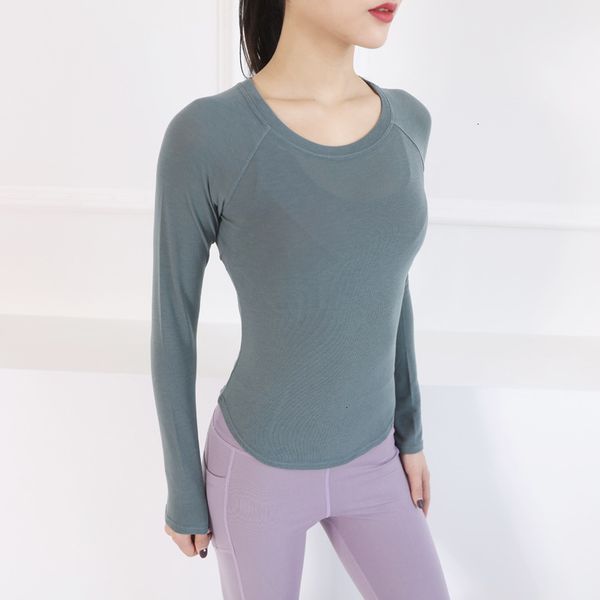 

spring autumn fitness women's tight and thin sports quick drying round neck t-shirt breathable yoga suit long sleeve, Gray