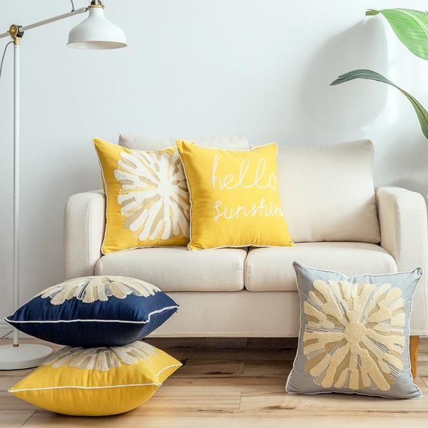 

cushion/decorative pillow handmade cotton canvas embroidery cushion cover boho ethnic yellow navy grey words 45x45cm homedecoration