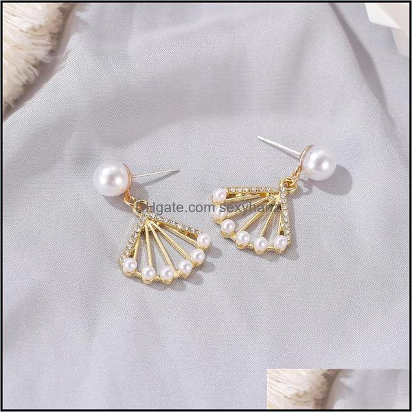 

charm earrings jewelry hollow fan-shaped pearl diamond women alloy gold business ear drop european party gift dress wear stud earring delive, Golden
