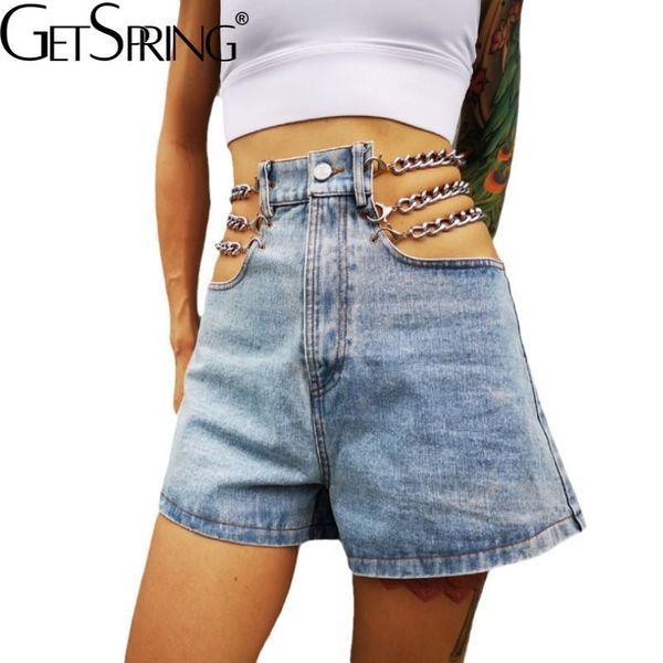 Getspring Donna Sexy Catena di jeans Scava fuori Mini jeans estivi a vita alta Pantaloncini Moda Arrivo Blu 210611