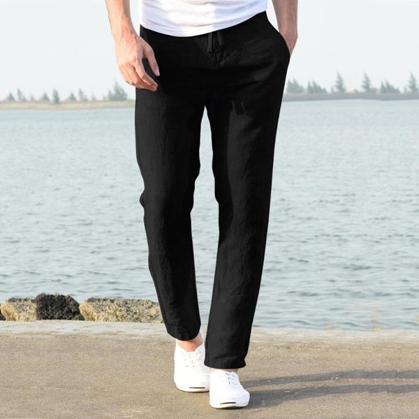 

men's pants men casual work cotton blend pure elastic waist long trousers solid color with pocket loungewear pantalones casuales, Black