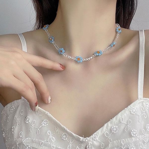 

chokers origin summer sweet vintage blue crystal flower necklace for women transparent beaded party jewelry accessories, Golden;silver