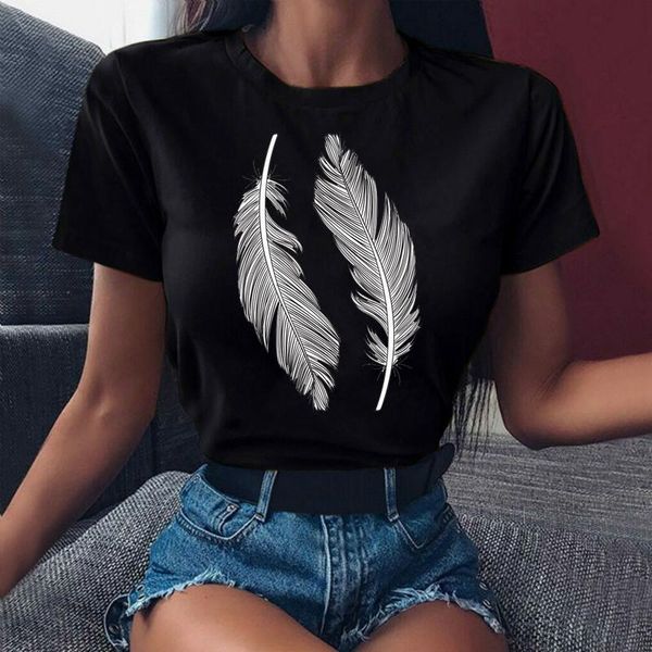 

women's t-shirt fashion women tshirts feather bird print casual o-neck short sleeve summer harajuku loose plus size tshirt lady, White