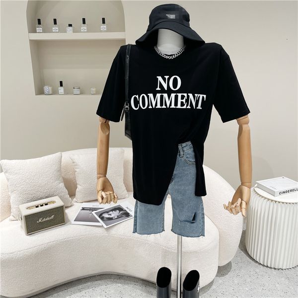 

polos spring summer woman's niche design fashion letter print short shirt mean loose length high split top, White