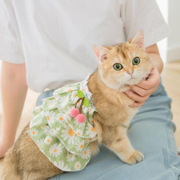 

cute pet skirt cherry decoration comfortable breathable cats pleated dress for summer cat kitten clothes accessories costumes