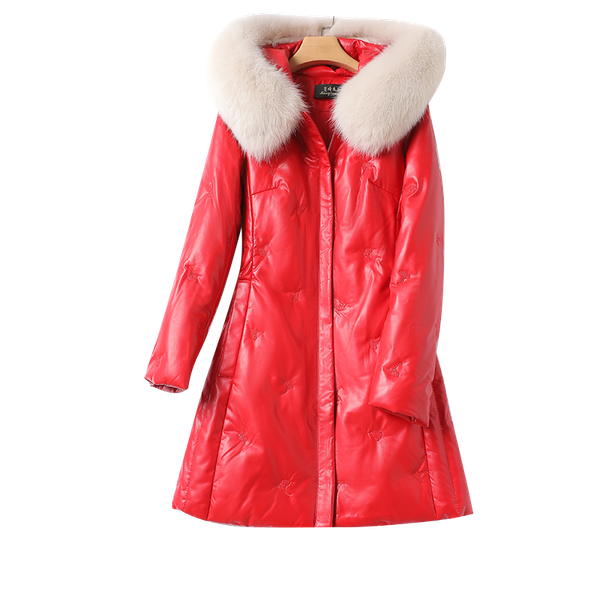 

down jacket womens mid-length fox fur collar plus size sheepskin leather coat womens winter sheepskin womens coat white duck down, Black