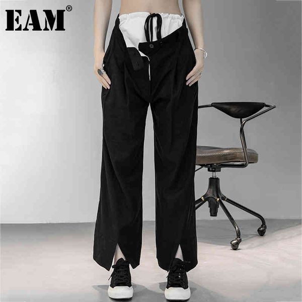 

[eam] high elastic waist black spliced slit wide leg trousers loose fit pants women fashion spring autumn 1dd7722 21512, Black;white