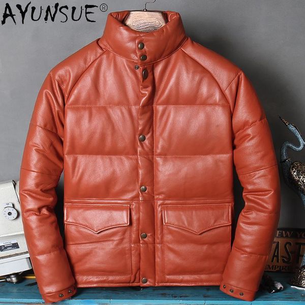 

men's leather & faux akoosun 100% real jacket men winter down jackets short cowhide coat casual clothes 2021 veste homme, Black