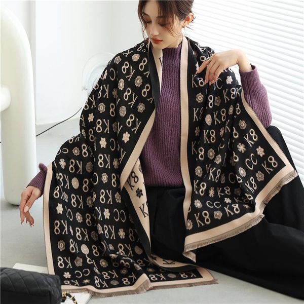

scarves winter cashmere scarf women print letter thick pashmina warm blanke shawl wrap travel decorate foulard 2021 echarpe, Blue;gray
