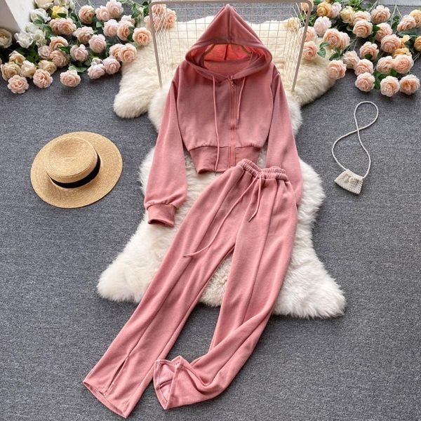 

women's two piece pants autumn casual pink/gray/blue set sports elegant hooded zipper sweatshirt + drawstring female 2pcs suits 2021, White