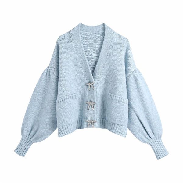 

women's knits & tees fashion rhinestone button loose knitted v-neck cardigans sweater female vintage long lantern sleeve pockets outerw, White