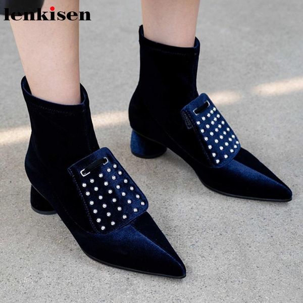 

boots lenkisen design stretch patent leather high heels pointed toe fashion crystal decorations party winter women ankle l8a, Black