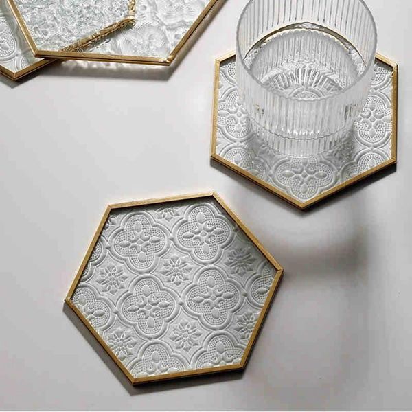 

mats & pads 2021 european retro glass gold copper embossed decorative cup pad table insulation hexagonal placemat