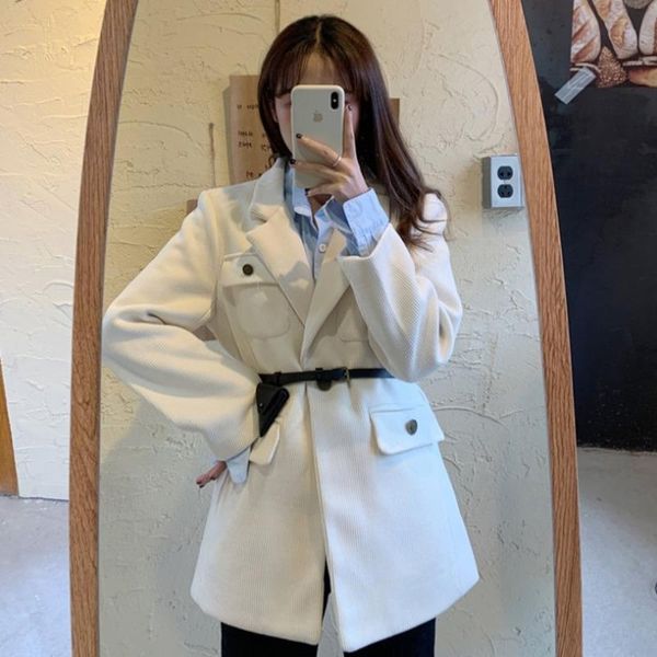 

women long-sleeved causal loose single breasted corduroy blazer coat (no belt) women's suits & blazers, White;black