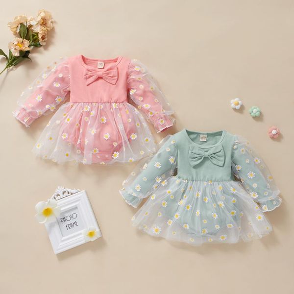 

girl's dresses baby girls fall bodysuit cute long sleeve round neck daisy print romper tutu dress for spring, Red;yellow