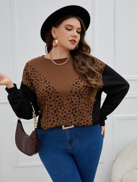 

plus color block dalmatian print drop shoulder tee k6m5#, Black