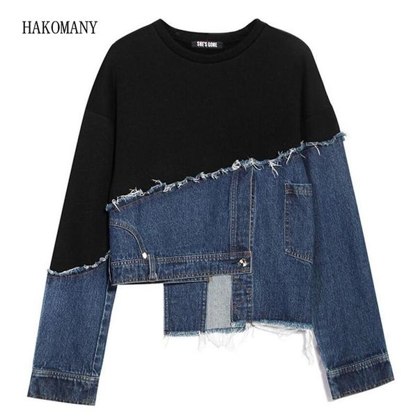 

women's hoodies & sweatshirts 2021 spring harajuku irregular hem fleece stitching denim large size vintage long sleeve sweats women loo, Black