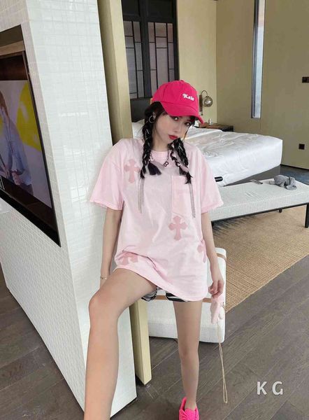 

ch summer new 21ss cross skin pasted pink t-shirt with doll casual loose tee female, White