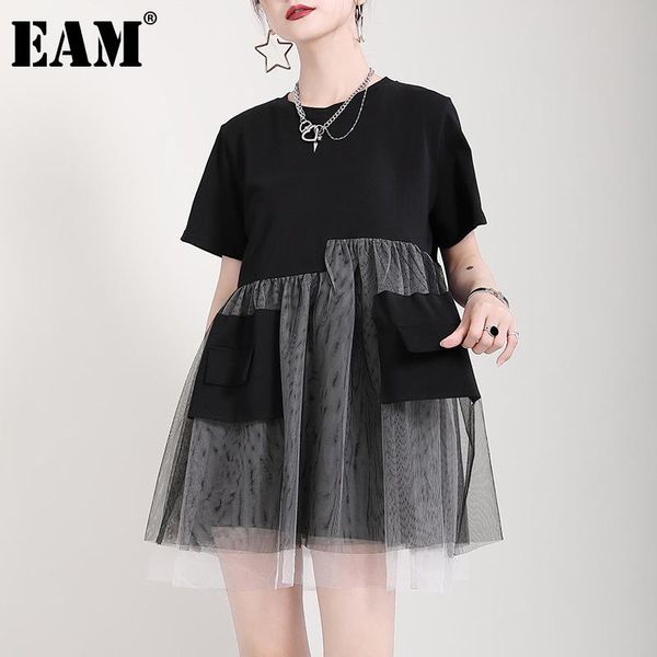 

casual dresses [eam] women black contrast color pocket mesh dress round neck half sleeve loose fit fashion tide spring summer 2021 1dd9887, Black;gray
