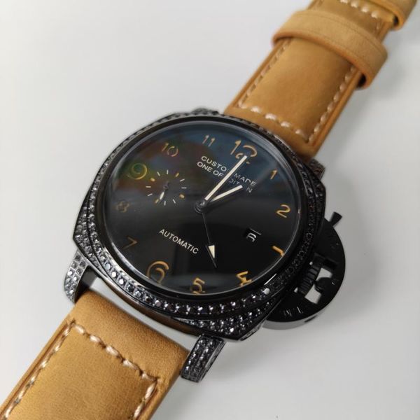 

wristwatches 44mm watch men automatic mechanical inlay decoration gmt pointer stainless steel luminous waterproof leather strap date p3, Slivery;brown