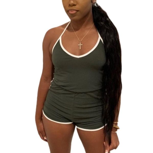 

casual sports rompers women sleeveless solid slim lace up halter bodysuit fitness gym playsuit homewear streetwear women's jumpsuits &, Black;white