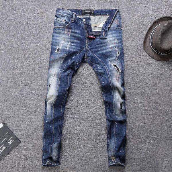 

men's jeans european street style fashion men retro blue slim fit ripped embroidery paint designer hip hop denim punk pants