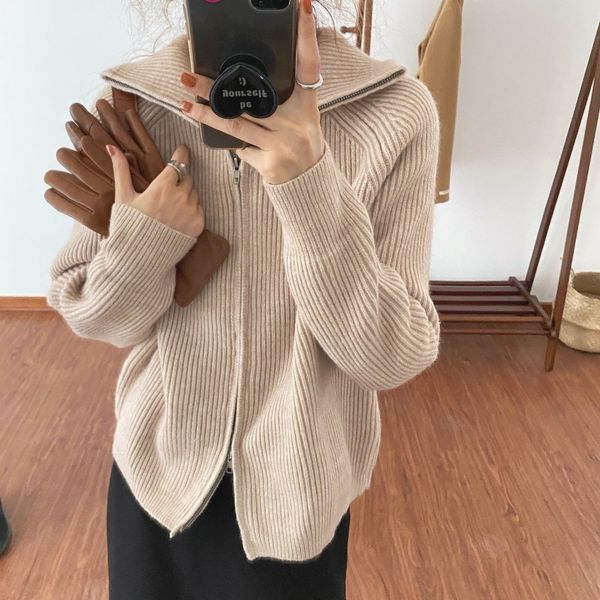 OL Outwear Tops Solide Pullover Frauen Herbst Winter Elegante Revers Dicke Warme Gestrickte Strickjacke Weibliche Pullover 210421