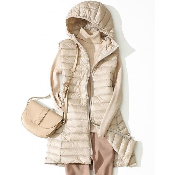 

women's vests bang women sleeveless long waistcoat autumn winter ultra light down vest with hooded female portable duck coat, Black;white
