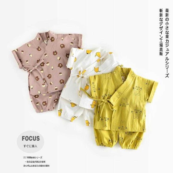 

newborn japanese baby kimono tracksuit cartoon pants+ kids boy print cotton boy kids clothing set child infant clothes y0909, White