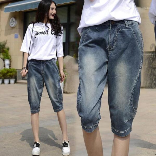 

women's jeans denim capris women summer loose casual mid waist blue color vintage fashion plus size harem pants j133