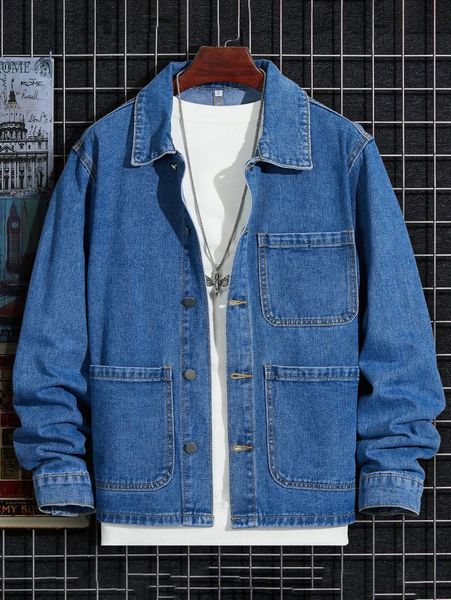 

men patched pocket denim jacket without tee n755#, Blue