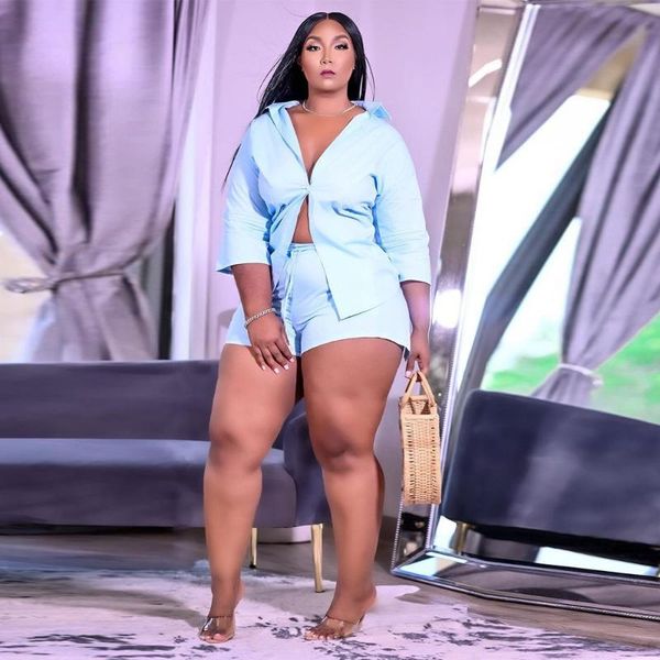 

women's tracksuits casual solid set early autumn sweatsuit three quarter sleeve buttons up blouse and biker short office lady outfits, Gray