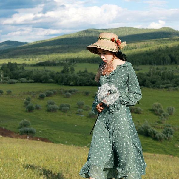 

casual dresses mx241 arrival 2021 women long sleeve midi vintage floral chiffon dress, Black;gray