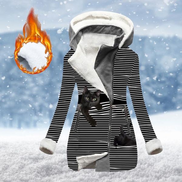 

women's jackets long sleeve coat zip irregular striped cats print hood jacket casual fashion lady autumn winter women clothes, Black;brown