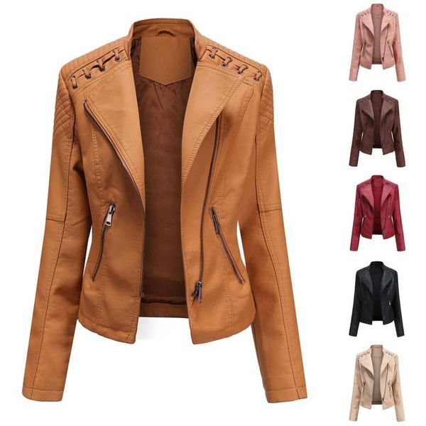 

women's jackets chaqueta cuero mujer leather jacket women ladies lapel motor coat zip biker short punk cropped veste en cuir femme, Black;brown