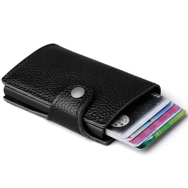 

card holders litchi pattern genuine leather rfid men aluminum metal business slim id holder multifunction mini wallet, Brown;gray