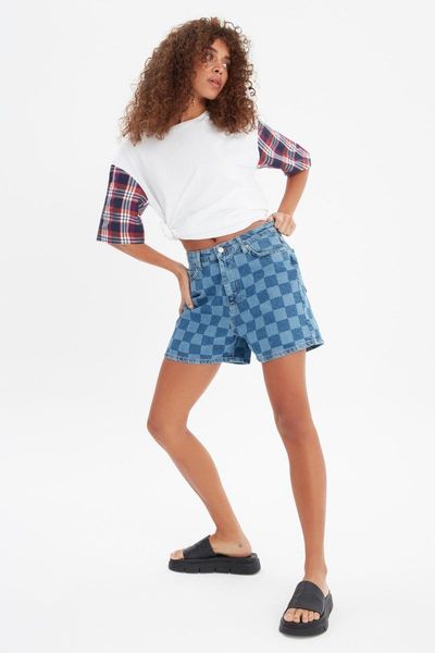 

women's shorts trendyol plaids denim twoss21sr0625, White;black